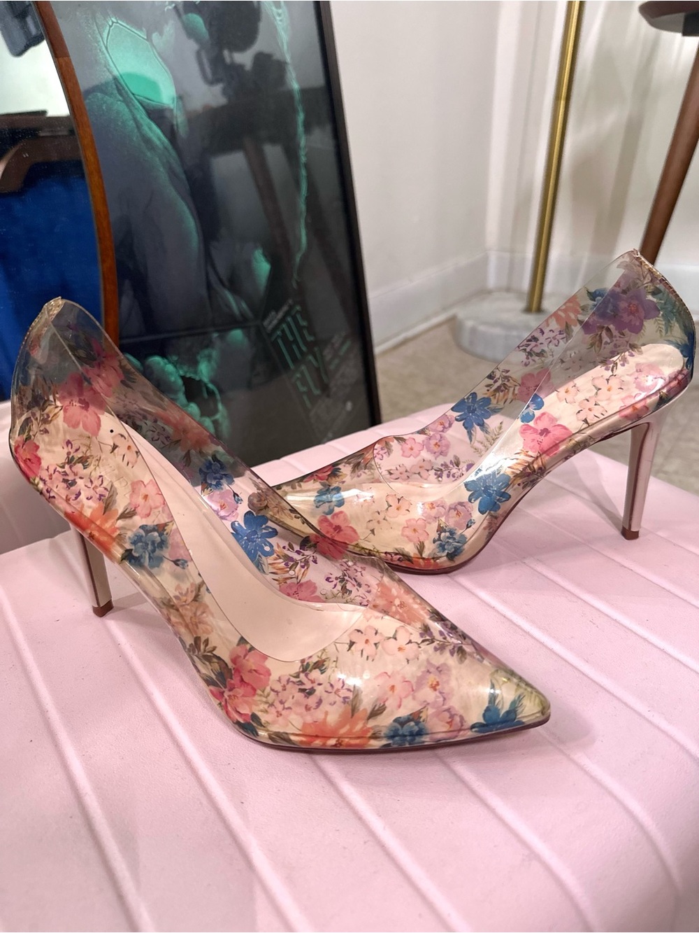 Floral Pointed-Toe Clear Pump in Multicolor